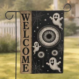 Vintage Halloween Porch Welcome With Spooky Eyes, Ghosts & Burlap Charm For Home Garden Flag