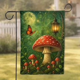 Whimsical Mushroom Moonlit Lantern Scene For Enchanted Garden Paths And Nature Lovers Garden Flag