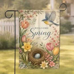 Welcome Spring Songbird With Tulips For Cottage Porch And Easter Seasonal Home Decor Garden Flag