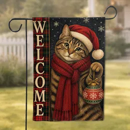 Christmas Welcome Cat With Scarf And Ornament For Winter Porch Decor For Cat Lovers Garden Flag