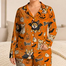 Cheerful Halloween Corgis In Witch Ghost And Mummy Costumes For Cozy Spooky Nights Satin Pajamas Set