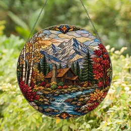 Rustic Mountain Cabin And Autumn Stream For Cozy Lodge Home Window Accent Decor Gift Stained Glass Suncatcher