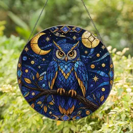 Blue Owl Moon Window Decor For Cozy Cottage Nights And Celestial Home Charm Gift Stained Glass Suncatcher