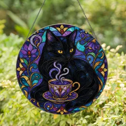 Black Cat With Violet Teacup Stained Glass Window Decor For Bohemian Homes And Cozy Nooks Stained Glass Suncatcher