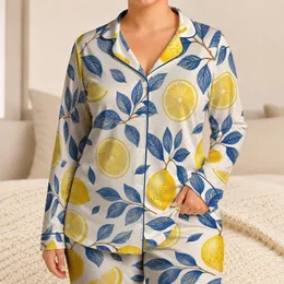 Golden Lemons And Indigo Leaves For Breezy Summer Everyday Home Lounging For Women Satin Pajamas Set