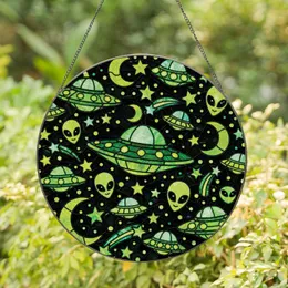 Black And Neon Green Alien UFO Moon Stars Coastal Decor For Beach House Home Accent Stained Glass Suncatcher