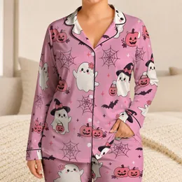 Cute Pink Halloween Ghosts and Pumpkins for Cozy Spooky Season Relaxing at Home Nights Satin Pajamas Set