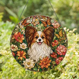 Papillon Dog Stained Glass Floral Accent for Spring Home Decor, Pet Lover Gift Collectors Stained Glass Suncatcher
