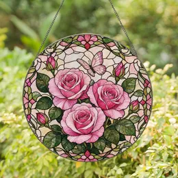 Pink Rose Bouquet With Butterfly For Window Decor, Porch Charm, Gift For Mom And Home Stained Glass Suncatcher