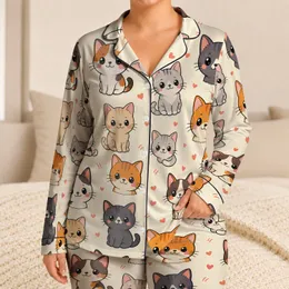 Cheerful Kawaii Cat Portraits For Cozy Bedtime Lounging At Home And Women Cat Lovers Satin Pajamas Set