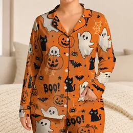 Spooky Cute Halloween Ghosts Jack O Lanterns And Bats For Cozy Fall Nights Women Men Satin Pajamas Set