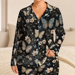 Nocturnal Butterfly And Ivory Blossom Motifs For Cozy Evenings And Relaxed Sleep Satin Pajamas Set