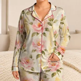 Blush Pink Camellia Floral Garden Relaxed At Home Gift For Women, Moms And Teens Satin Pajamas Set