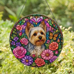 Yorkshire Terrier Floral Window Accent for Cottage Garden Home Decor and Pet Lovers Stained Glass Suncatcher