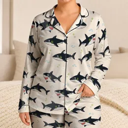 Playful Black And Lime Sharks For Cozy All Season Home Lounging Women Satin Pajamas Set