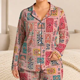 Blush Pink Folk Patchwork Motifs for Cozy Bedtime Lounging and Relaxing for Women Satin Pajamas Set