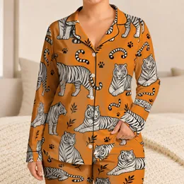 White Tiger Motif On Golden Orange For Cozy Lounging, Travel, And Relaxed Evenings Satin Pajamas Set
