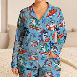 Smiling Surfing Sharks With Life Rings For Beach Sleepovers And Ocean Loving Kids Satin Pajamas Set