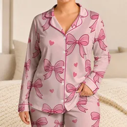Pink Ribbon Bows And Hearts For Sweet Valentine Home Lounging Women's Gift Style Satin Pajamas Set