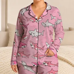 Pink Cartoon Sharks Ocean Motif for Beach Sleepovers and Cozy Lounging for Women Gifts Satin Pajamas Set