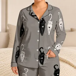 Monochrome Cat Pairs With Heart Details For Cozy Evenings At Home And Feline Lovers Satin Pajamas Set