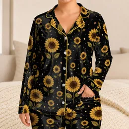 Golden Sunflower Botanical Motif for Cozy Evenings, Relaxing Getaways and Women Satin Pajamas Set