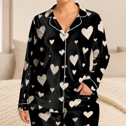 Ivory Hearts on Black for Valentine's Day Sleepwear, Cozy Romantic Lounging Satin Pajamas Set