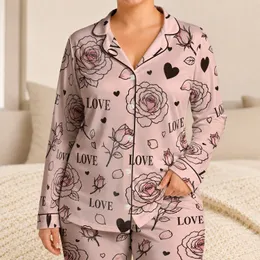 Blush Pink Love Hearts and Roses Romantic Valentine's Day Anniversary Gift for Women Satin Pajamas Set