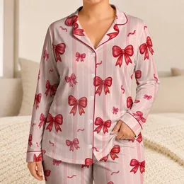 Cherry Red Ribbon Bows On Blush Stripes For Cozy Sleepwear And Lounging Satin Pajamas Set