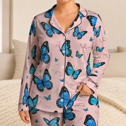 Sky Blue Butterfly Beauty Motif For Relaxing Evening And Bridal Shower Gifts For Women Satin Pajamas Set