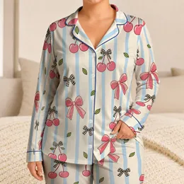 Pink Cherry And Bow Stripe Spring Sleepwear For Women Satin Pajamas Set
