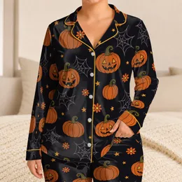 Vintage Pumpkins And Spiderwebs For Halloween Sleepovers And Cozy Fall Nights Women Satin Pajamas Set