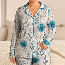 Teal Blue Poppy And Rose Botanical Meadow For Boho Sleepwear And Relaxed Weekend Style Satin Pajamas Set