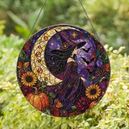 Spooky Witch Moon Window Decor for Halloween Home, Autumn Pumpkin Gift for Witchy Her Stained Glass Suncatcher