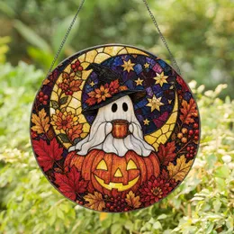 Ghost Witch Hat Coffee Pumpkin Moon Halloween Window Decor for Autumn Home Gifts Stained Glass Suncatcher