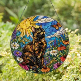 Tortoiseshell Cat In Floral Sunlight For Cottagecore Homes And Cat Lovers Decor Gift Stained Glass Suncatcher