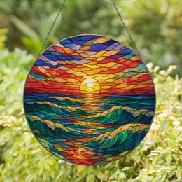 Coastal Sunset Stained Glass Panel for Beach Home Decor, Nautical Wall Accent Art Stained Glass Suncatcher