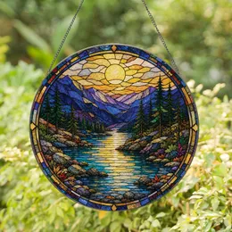 Mountain River Sunset Stained Glass Window Decor for Nature Lovers and Home Gifts Stained Glass Suncatcher