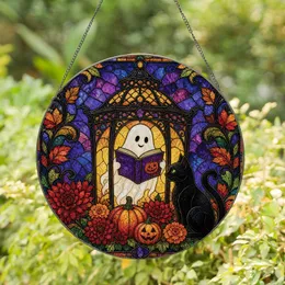 Whimsical Ghost Lantern With Black Cat Halloween Window Decor for Autumn Homes & Mantels Stained Glass Suncatcher