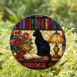 Stained Glass Cat Reading Scene With Books, Roses, And Lamp For Cat Lovers Home Decor Stained Glass Suncatcher