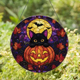 Black Cat Peeking Over Jack-O'-Lantern Under Harvest Moon Halloween Decor For Cat Fans Stained Glass Suncatcher