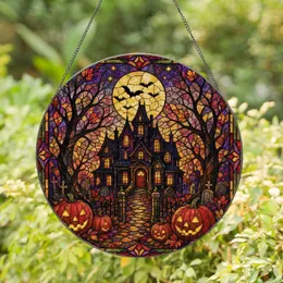 Halloween Haunted House Stained Glass Window Decor for Autumn Porch and Gothic Home Stained Glass Suncatcher