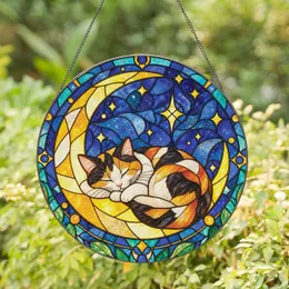 Sleeping Calico Cat On Crescent Moon Stained Glass Window Decor For Cat Lovers Gift Stained Glass Suncatcher