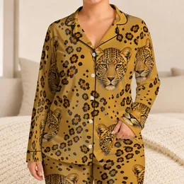Golden Leopard Heads And Rosettes For Relaxing Evenings And Wildcat Lovers Gift Idea Satin Pajamas Set