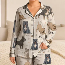 Colorful Bully Breed Dogs With Paw Prints For Cozy Dog Mom Home Lounging And Gifting Satin Pajamas Set