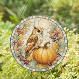 Majestic Owl Perched Beside Pumpkin Amid Warm Autumn Leaves for Rustic Harvest Decor Stained Glass Suncatcher