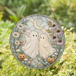 Two Friendly Ghosts Encircled By Autumn Wildflowers For Spooky Halloween Season Decor Stained Glass Suncatcher