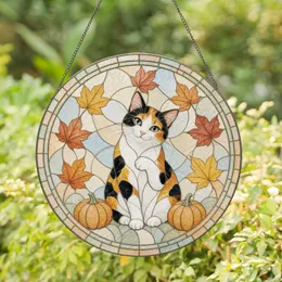 Charming Calico Cat with Autumn Pumpkins Cozy Fall Scene for Thanksgiving Decor Stained Glass Suncatcher
