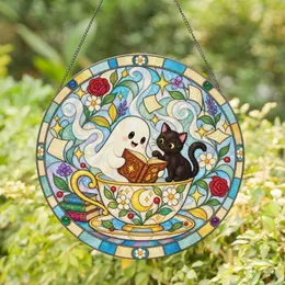 Ghost Reading With Black Cat Teacup Scene For Cozy Book Lovers And Halloween Gifts Stained Glass Suncatcher