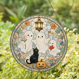 Whimsical Cute Ghost Family with Black Cat Glowing Lantern and Pumpkin Halloween Scene Stained Glass Suncatcher